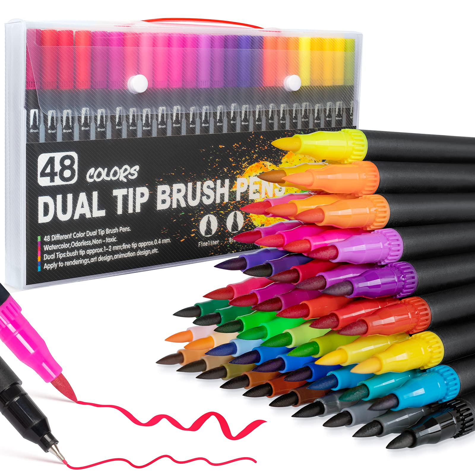 Dual Tip Brush Pens 48 Colours Felt Tip Pen: Colouring Pens for Adult Colouring Books Watercolour Brush Pen Set, Art Markers Fineliner Tip Pens for Bullet Journal Drawing Sketching Calligraphy Design