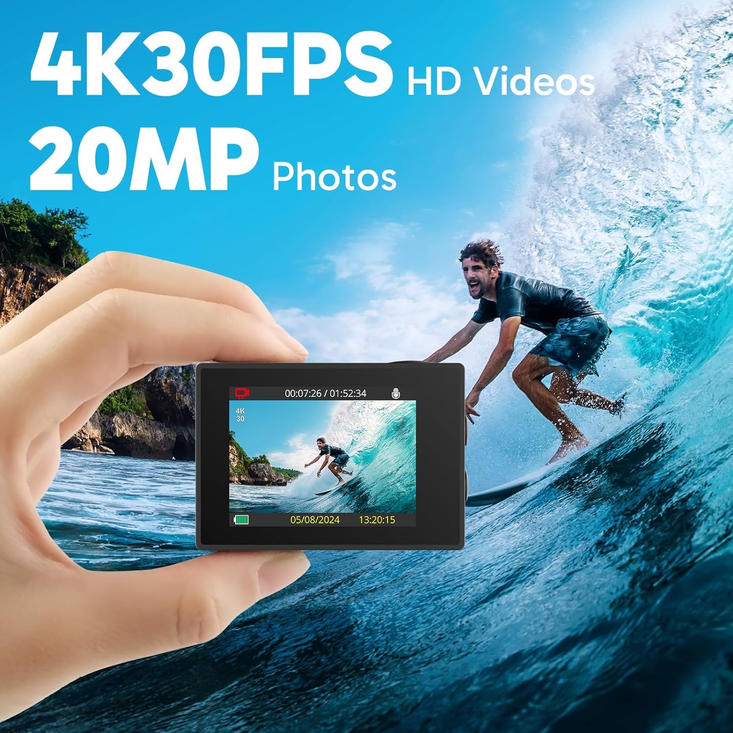 AKASO Action Cam,4K30FPS 20MP WiFi Unterwasserkamera EIS Stabilisierung 170° Weitwinkel Ultra HD Action Kamera mit 4X Zoom und 2x1050mAh Akkus-EK7000 Schwarz 2