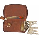 Full-Grain Leather Key Holder - Zipper Wallet Case with 8 Hooks &amp; 2 Pockets | Keep Keys, Car Fobs, Cards &amp; Receipts, Compact Slim Everyday Carry, Fits in Pockets or Bags, Gift for Men &amp; Women, Brown