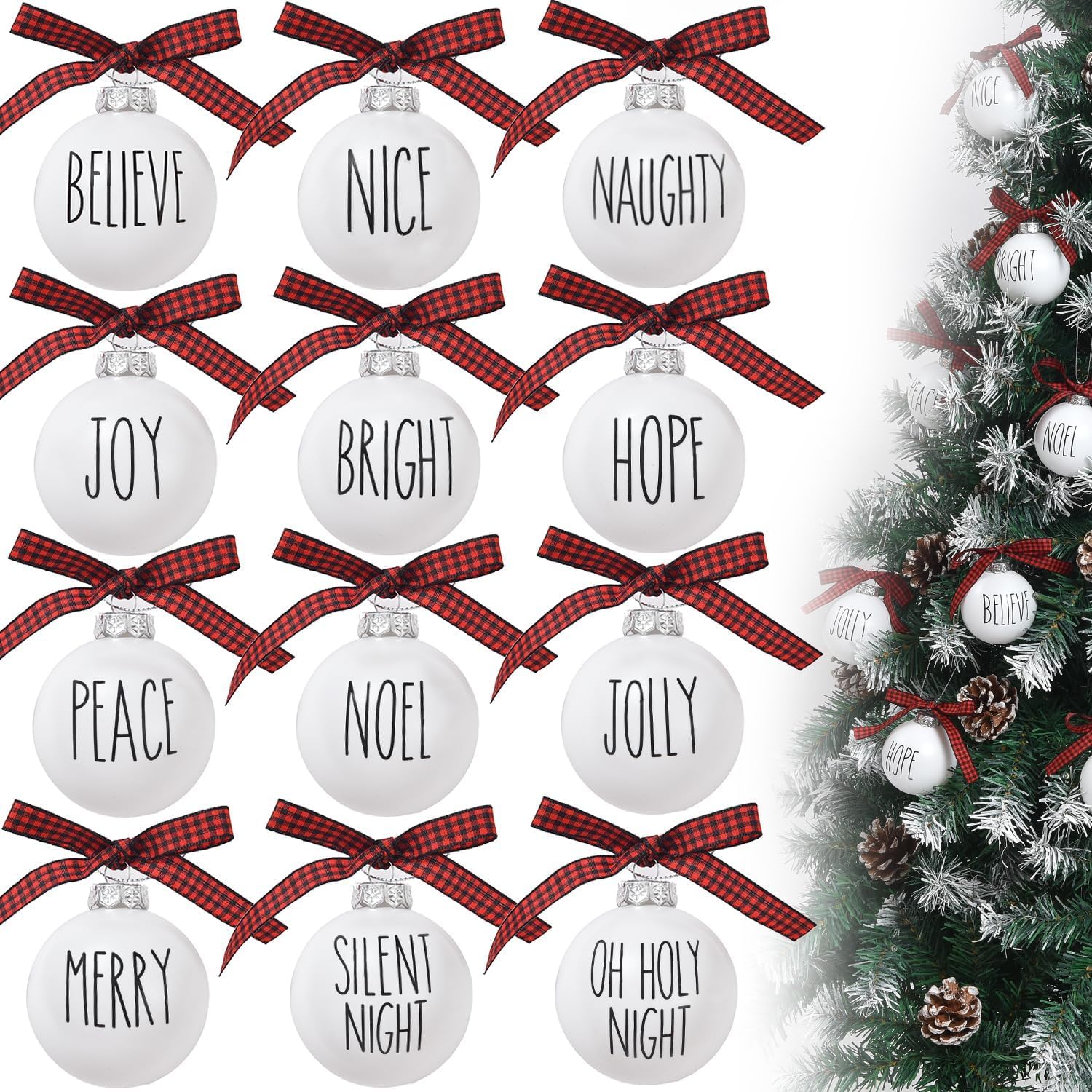 Photo 1 of 12 PCS Christmas Balls Ornaments Set, 2.36'' Shatterproof White Bulbs with Buffalo Plaid Bows, Well-Crafted Farmhouse Christmas Tree Decorations Balls, Plaid Christmas Ornaments for Tree Decor