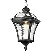 Emliviar 20.7" Outdoor Pendant Light, Matte Black Hanging Porch Chandelier with Water Ripple Glass, Modern Ceiling Pendant Li