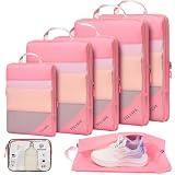 PFEYRPK Compression Packing Cubes for Travel - Compressible, Lightweight, and Space-Saving Packing Cubes, Travel Essentials for Efficient Organizers (Pink, 7 Set)