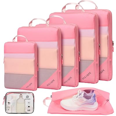 PFEYRPK Compression Packing Cubes for Travel - Compressible, Lightweight, and Space-Saving Packing Cubes, Travel Essentials for Efficient Organizers (Pink, 7 Set)