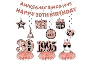 Kuxriox 11Pcs 30th Birthday Decorations Kit for Women, Rose Gold Happy 30th Birthday Banner, Awesome Since 1995 Centerpieces Swirls Party Supplies, Thirty Bday Banner Ceiling Table Topper Sign