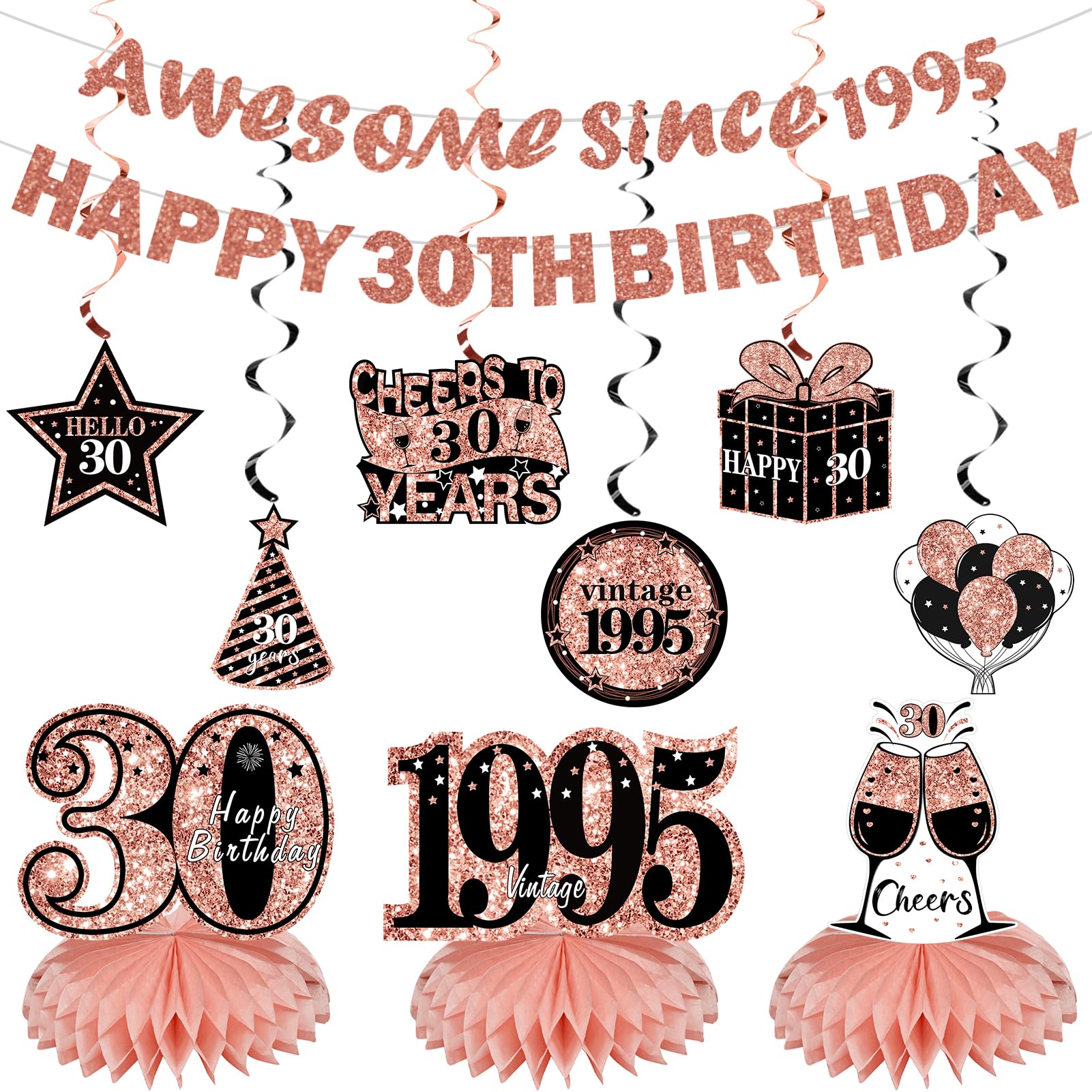 Photo 1 of Kuxriox 11Pcs 30th Birthday Decorations Kit for Women, Rose Gold Happy 30th Birthday Banner, Awesome Since 1995 Centerpieces Swirls Party Supplies, Thirty Bday Banner Ceiling Table Topper Sign