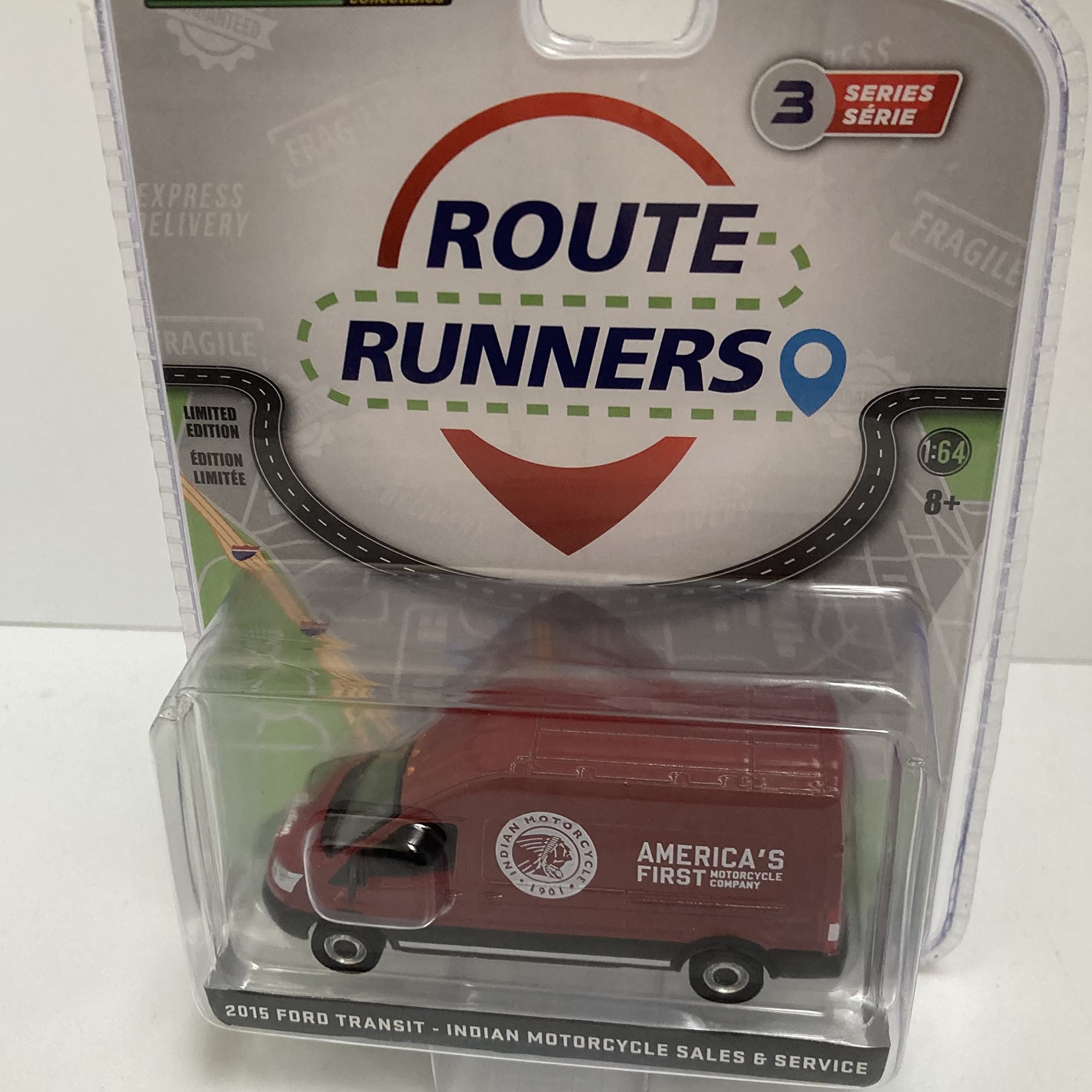 GREENLIGHT ROUTE RUNNERS 1/64 2015 FORD TRANSIT-INDIAN MOTORCYCLE SALES & SERVICE