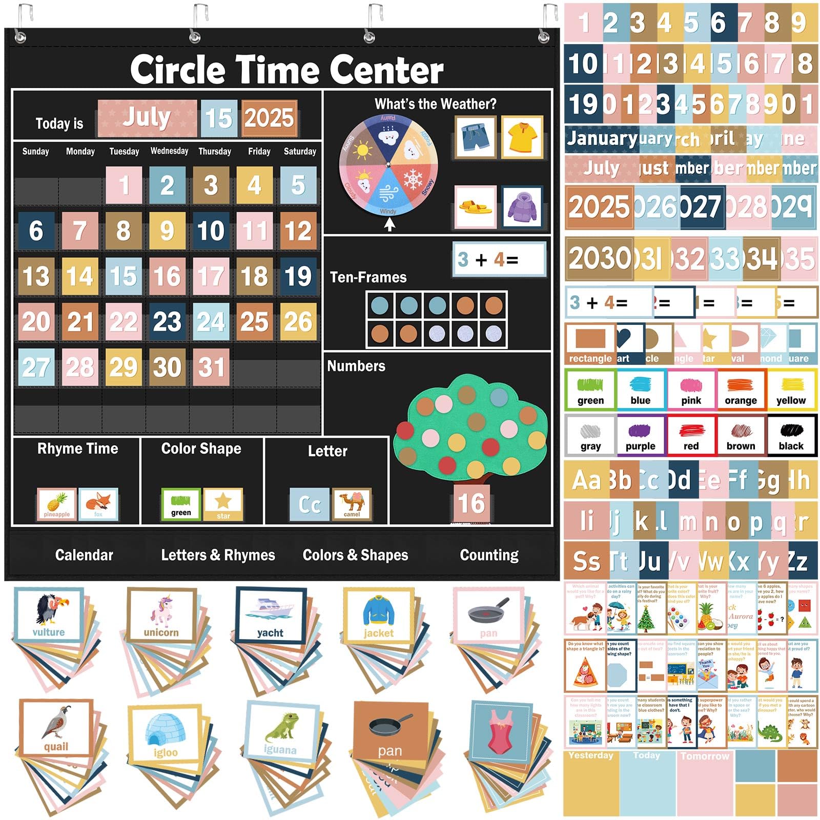 Photo 1 of Pasimy 284 Pcs Circle Time Learning Center Classroom Pocket Chart Boho Circle Time Calendar Learning Math Calendar Weather Color Shape for Home Classroom Decoration Back to School Supplies