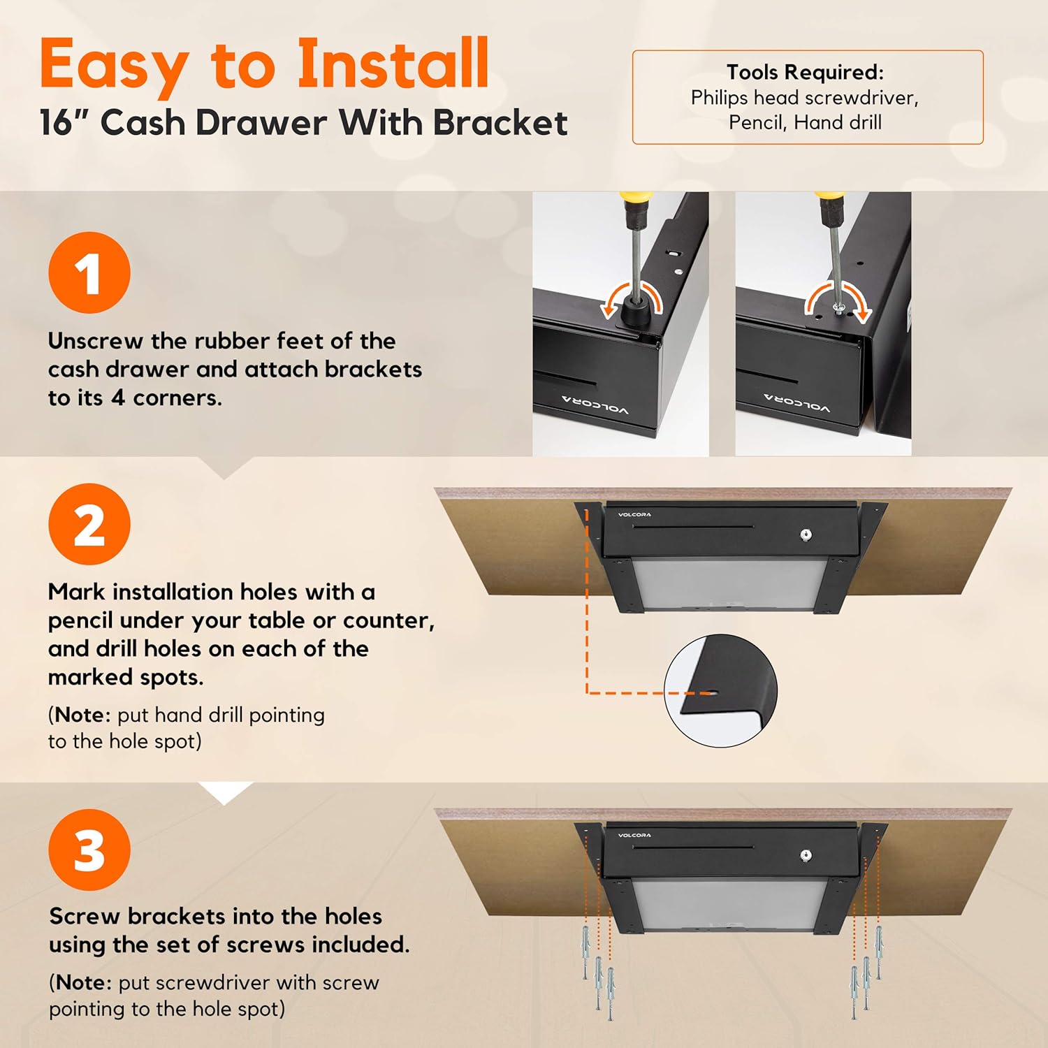 Cash Register Drawer with Under Counter Mounting Metal Bracket - 16” Black Cash Drawer for POS, 5 Bill 6 Coin Cash Tray, Removable Coin Compartment, 24V RJ11/RJ12 Key-Lock, Media Slot - For Businesses : Electronics