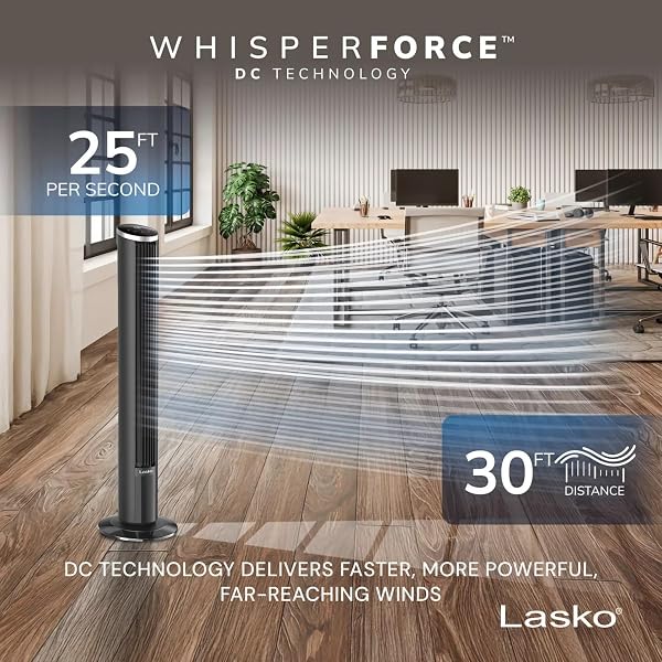 LASKO 42″ 12-SPEED TOWER FAN WITH WHISPERFORCE™ DC TECHNOLOGY AND REMOTE: BLACK/SILVER