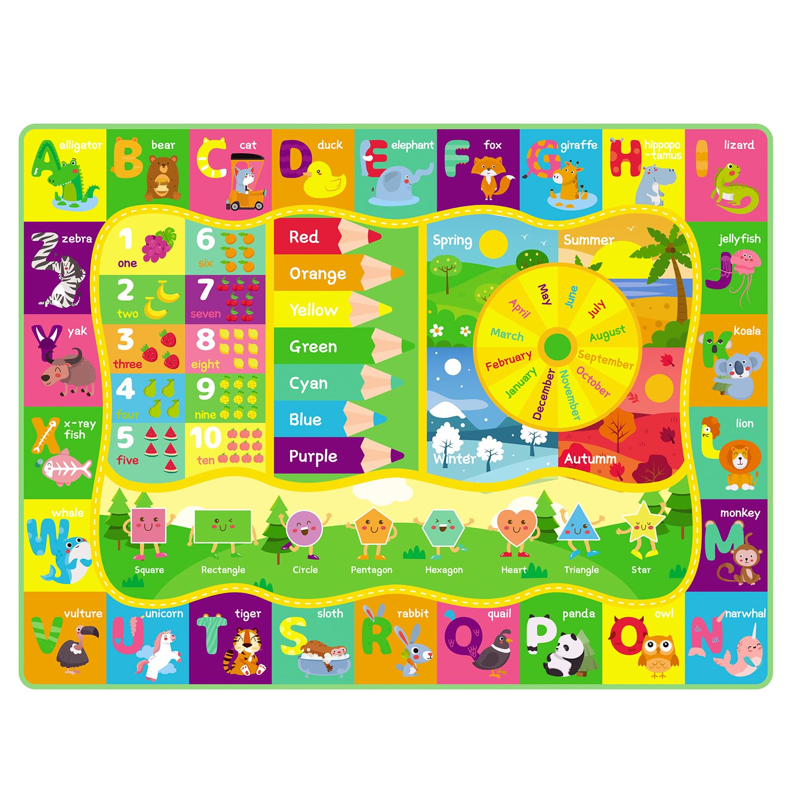 Photo 1 of ABC Kids Rug, Cute Educational Kids Rug for Playroom, Non Slip Classroom Carpet for Learning ABC Animal, Number, Month, Shape and Color, Playmat for Nursery Baby (Yellow, 5 x 6.6 feet)