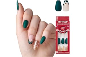 KISS imPRESS Holiday Press On Nails, ‘The Gift’, Green, Medium Coffin, Improved Super Hold Adhesive, 30 Fake Nails, Prep Pad, Mini Nail File, & Manicure Stick