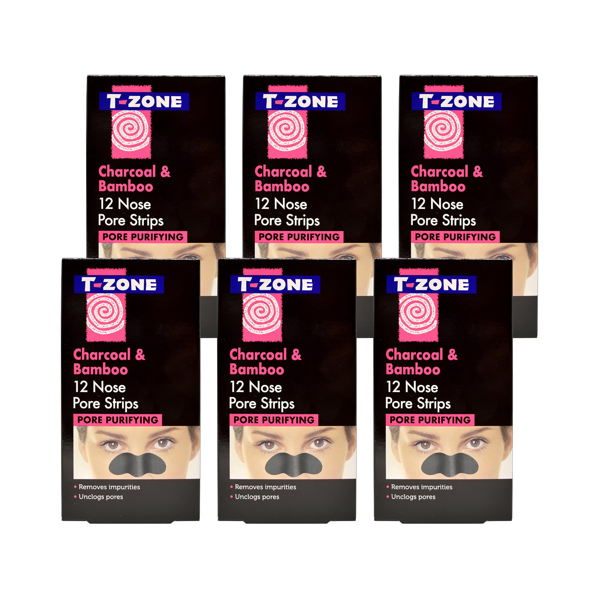 T-Zone 6 x 12 Multipack of Pack Charcoal & Bamboo Purifying Nose Pore Strips, Specially Formulated to Unclog Pores & Remove Impurities For Brighter, Clearer Skin