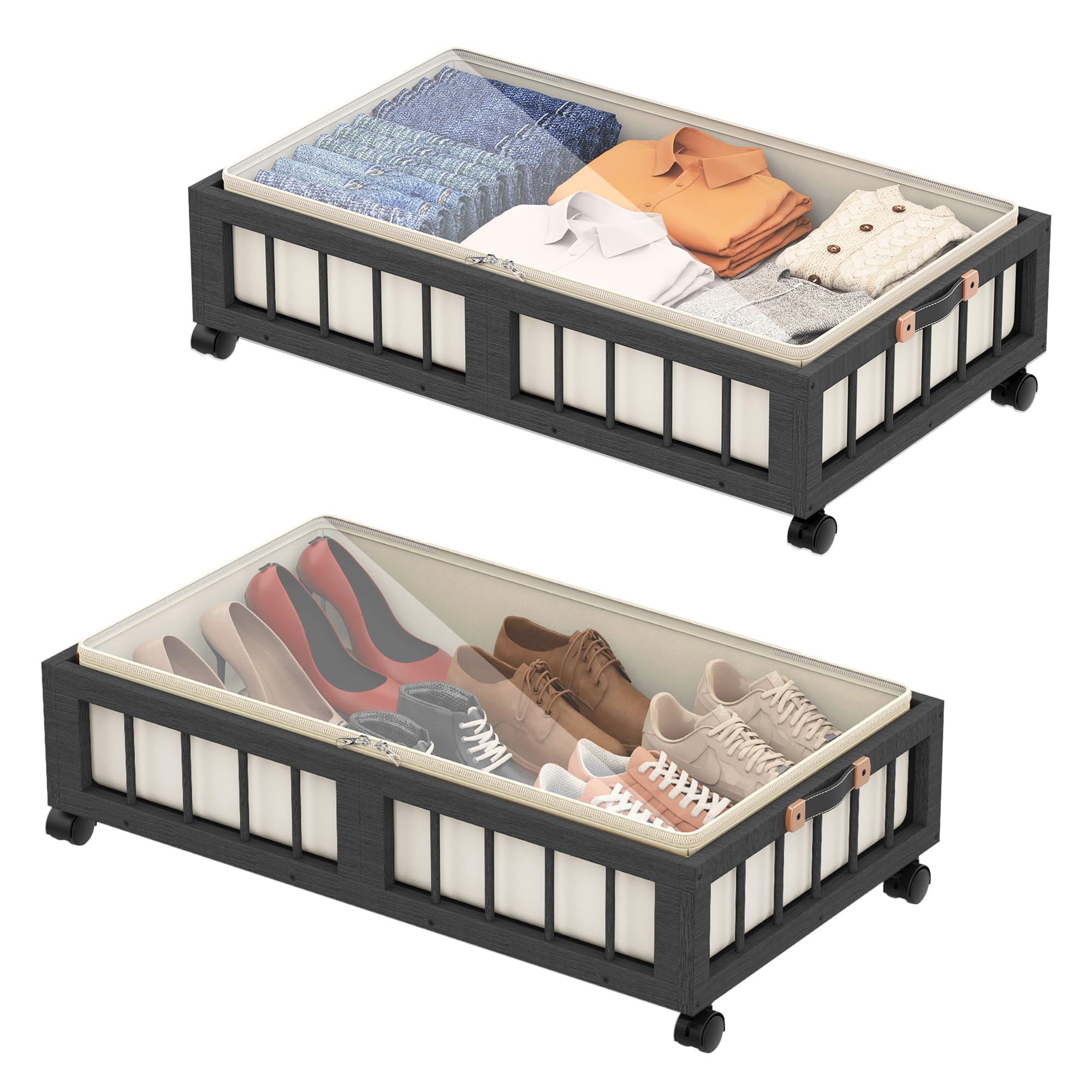 Photo 1 of efluky 2-Pack Bamboo Under Bed Storage Containers with Wheels, Under Bed Clothes Storage Basket with Large Dust Bag, Rolling UnderBed Storage for Bedroom, Dorm and Basement, Black
