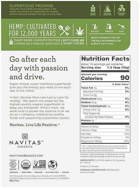 NAVITAS ORGANICS RAW HEMP SEEDS, 8 OZ. (2-PACK) 30 SERVINGS — ORGANIC, NON-GMO, LOW TEMP-HULLED, GLUTEN-FREE
