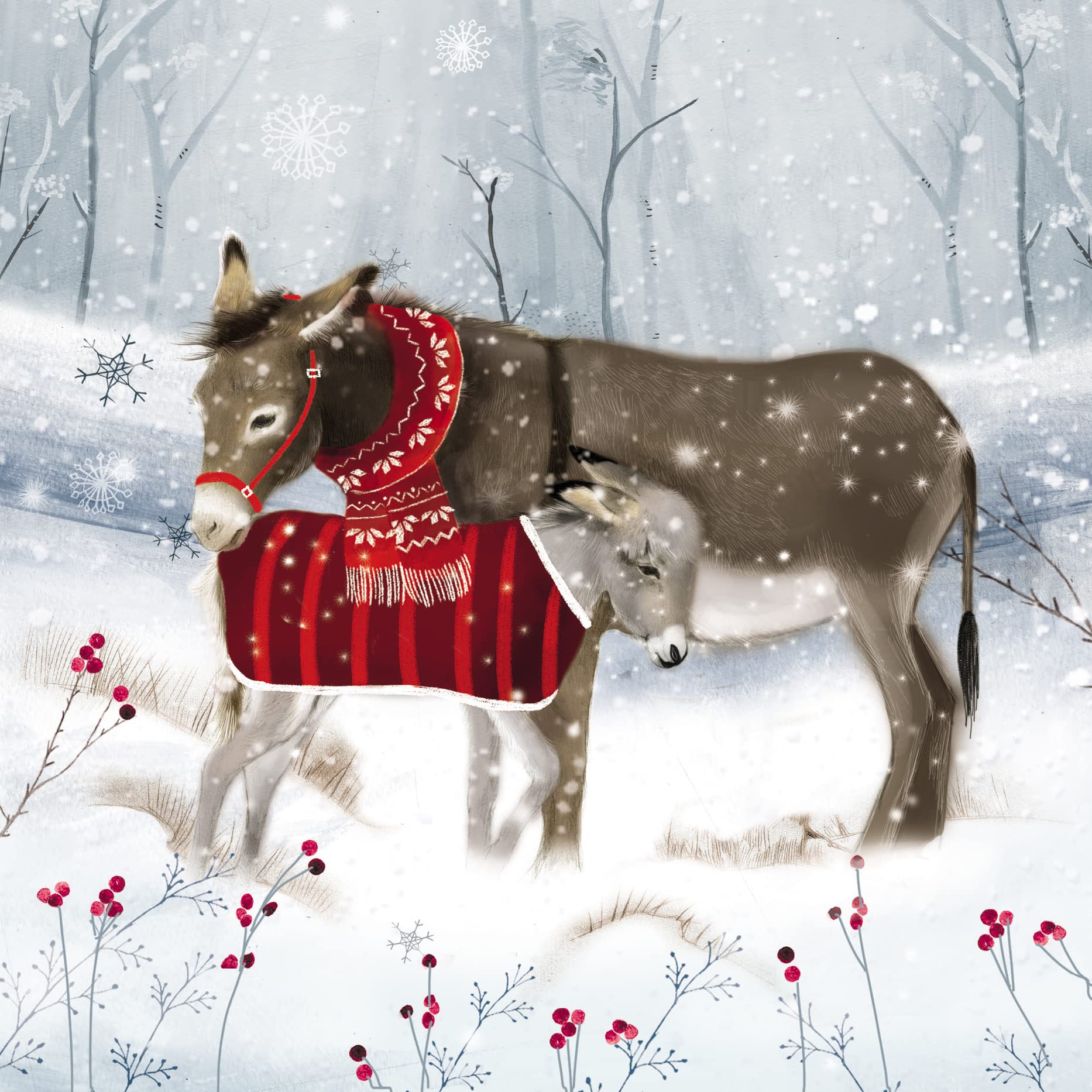 The Almanac Gallery Pack of 8 Charity Christmas Cards - 'Donkeys in Snow' - 8 Cards of 1 Lovely Design