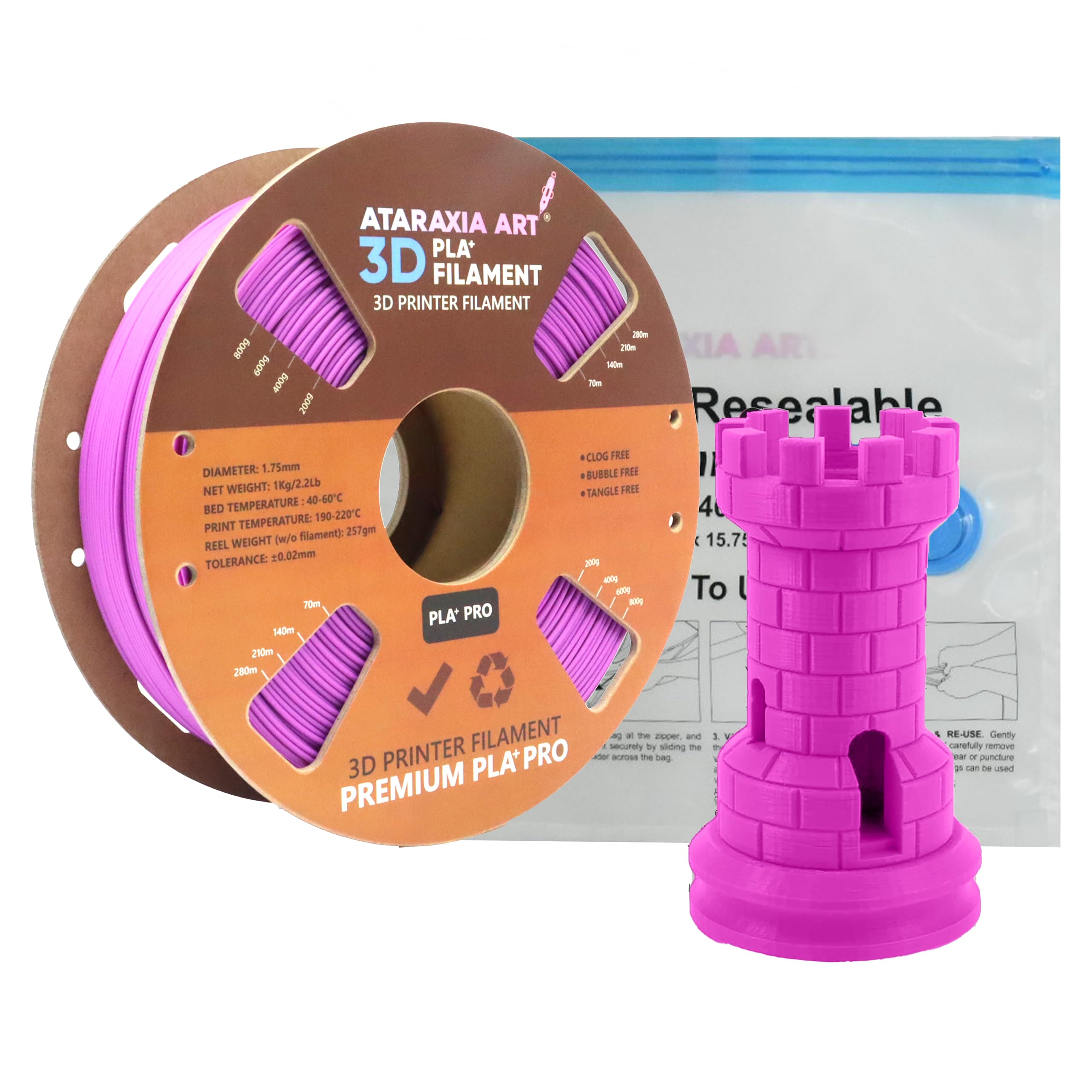 Ataraxia Art’s PLA Filament 1.75mm with Resealable Vacuum Storage Bag. Exact, Searchable Pantone Colors. Dimensional Accuracy ±0.03 mm, 2.2 lb (1 KG) Spool. Compatible with Nearly All FDM 3D Printers.