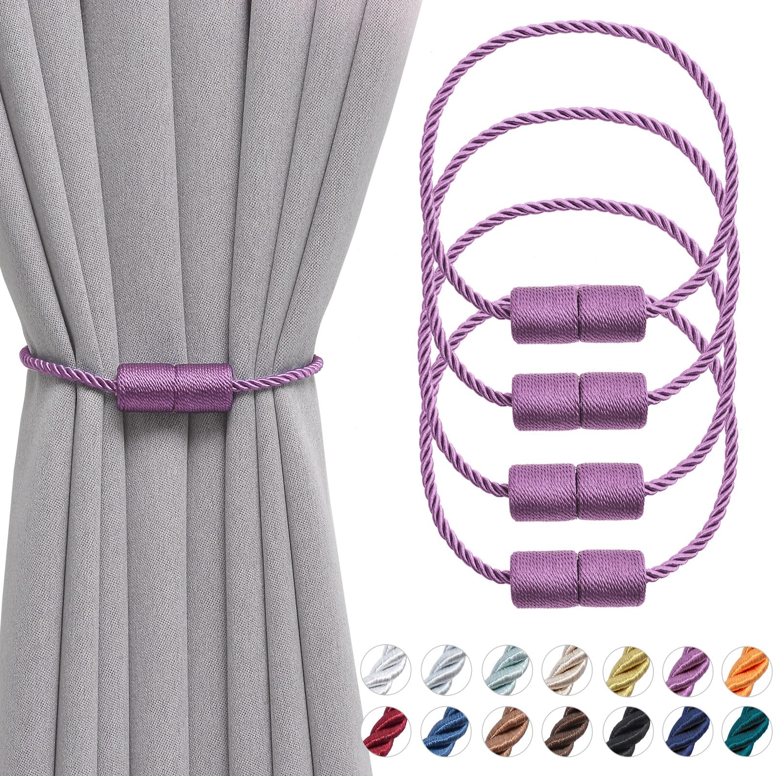 Pretty Jolly 4 Pack Magnetic Curtain Tiebacks 16 Inch Handmade Weave Side Rope Curtain Holdbacks Convenient Decorative Cylinder Curtain Drape Tie Backs for Home & Office Window Drapery (Purple)