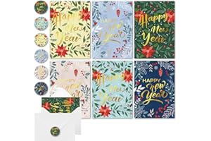 Thboxes 24 Pack Happy New Year Cards with Envelopes & Stickers - 5 * 7in Gold Foiled Happy New Year Greeting Cards, Holiday Card Christmas Card with Message Inside for Family Friend Teacher, 6 Design