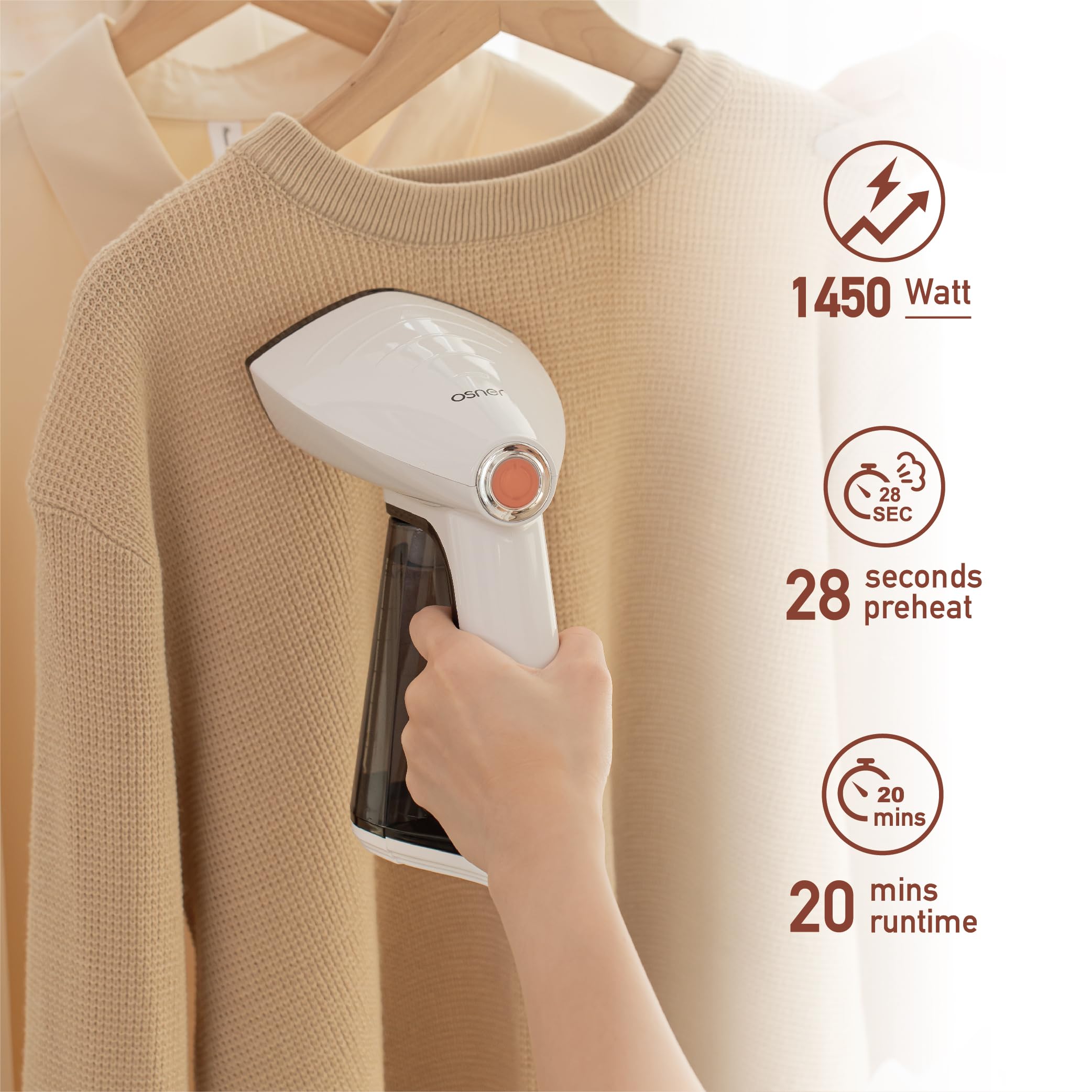 Osner Handheld Garment Steamer for clothes, 1450W Quick Heat Auto-trigger, Compact Travel Steamer, Clothes Steamer, Fabric Wrinkle Remover with Lint Brush Steam Nozzle (Black)