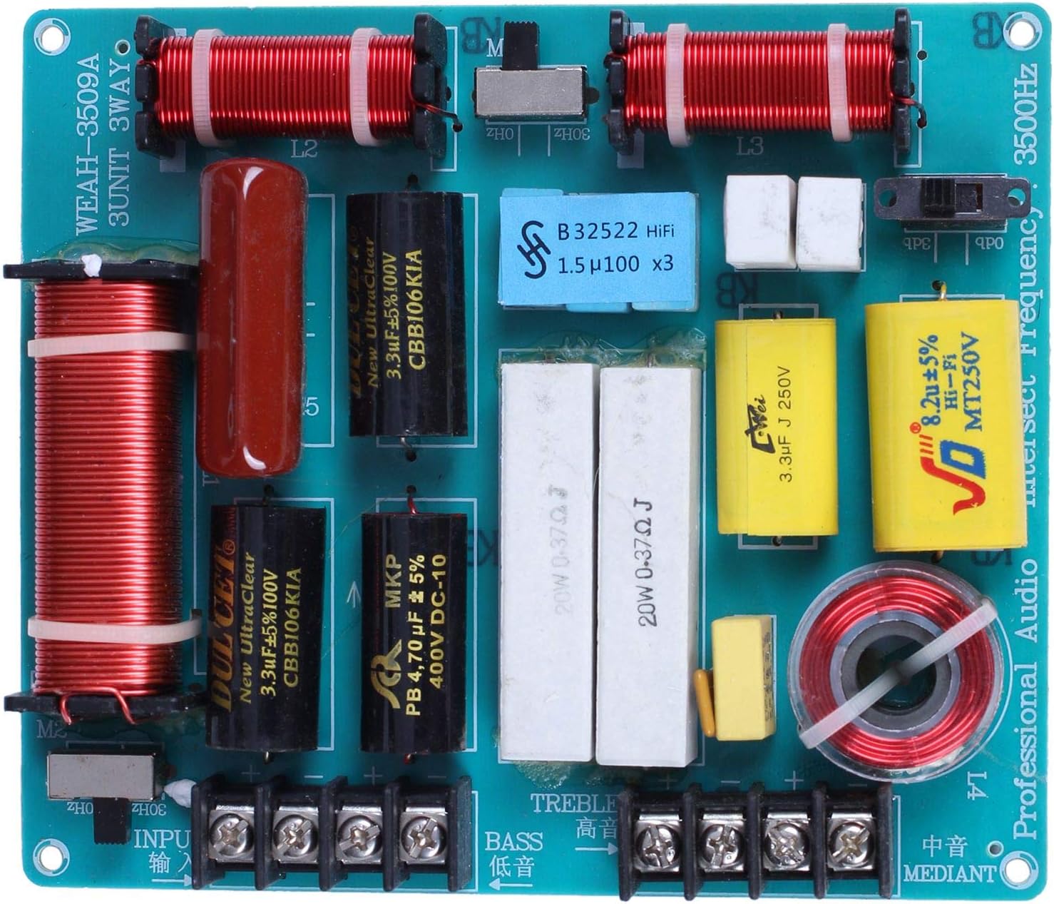 PQZATX 1Pc 350W 3 Ways Crossover Audio Board Tweeter+Mediant+Bass Frequency Divider For 4-8Ohm Diy Ktv Stage Speaker Filter