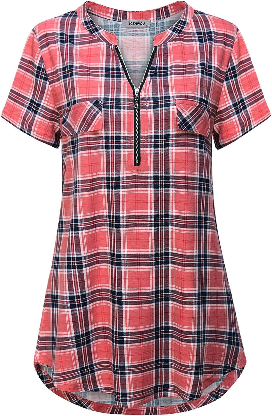 JCZHWQUWomen's Zip Up V Neck Short Sleeve Casual Tunic Shirt