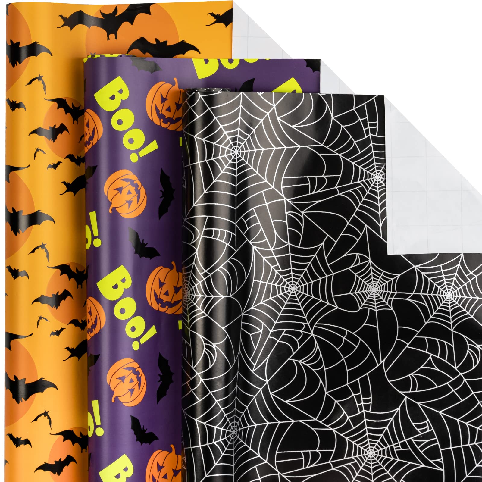 Holijolly Halloween Wrapping Paper Roll - Pumpkin with"Boo" Letters/Bat/Spider Web Print for Gift Wrap, DIY Craft - 43x305cmx3roll