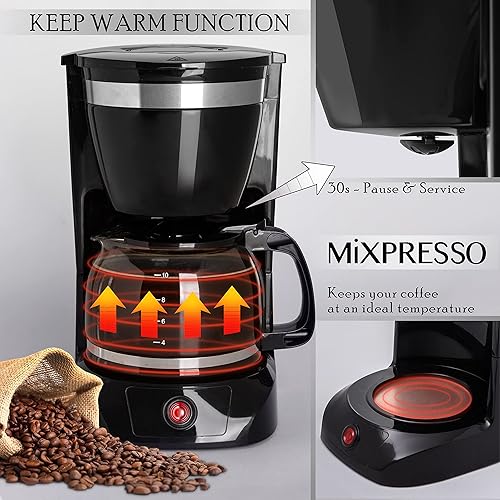 Mixpresso 10 Cup Coffee Pot, Auto-Off Reusable Filter, Large Drip Coffee  Maker, Borosilicate Glass Carafe, A