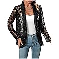 WDIRARA Women's Lace Open Front Long Sleeve Sheer Elegant Casual Blazer Jacket