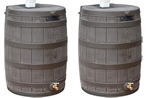 Good Ideas 50 Gallon Large Faux Wood Plastic Rain Water Barrel Collector with Brass Spigot for Rainwater Collection and Storage, Oak, 2 Pack
