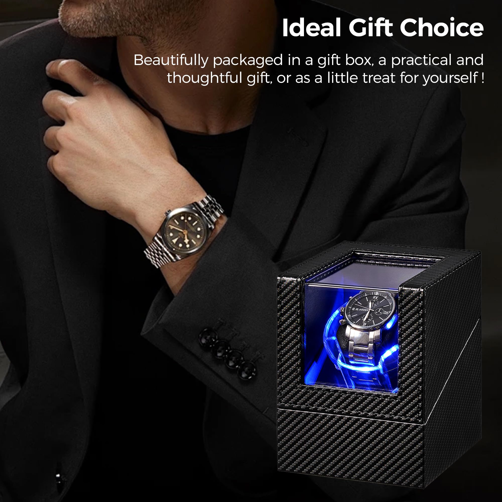 ANWBROAD ANWBROAD Watch Winder for Automatic Watches, 4 Modes Double Automatic Watch Winder box with LED Crystal Design, Rotating Watch Case with Super Quiet Motor with Type-C Adapter