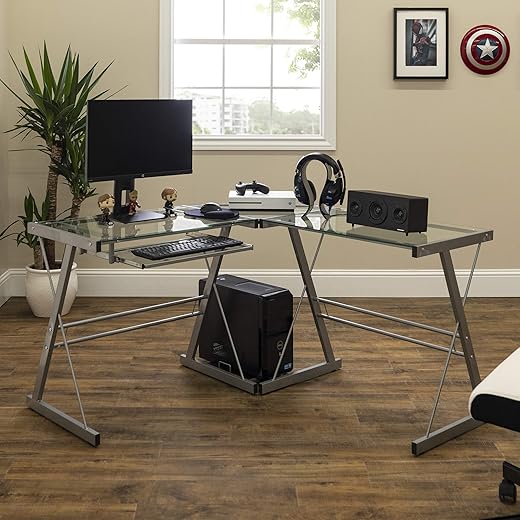 Walker Edison 51" Modern Corner L Shaped Glass Computer Writing Gaming Workstation Desk