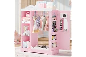 Betterhood Kids Closet with Jewelry Cabinet, Dress up Storage with Shelves&Mirror, Costumes Wardrobe Closet with Hanging Rack for Toddlers,Organizer for Bedroom, (Kids' Armoires, Pink)