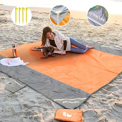 COVACURE Beach Blanket Mat 210x200cm with 3 Zipper Pockets Sandproof Orange