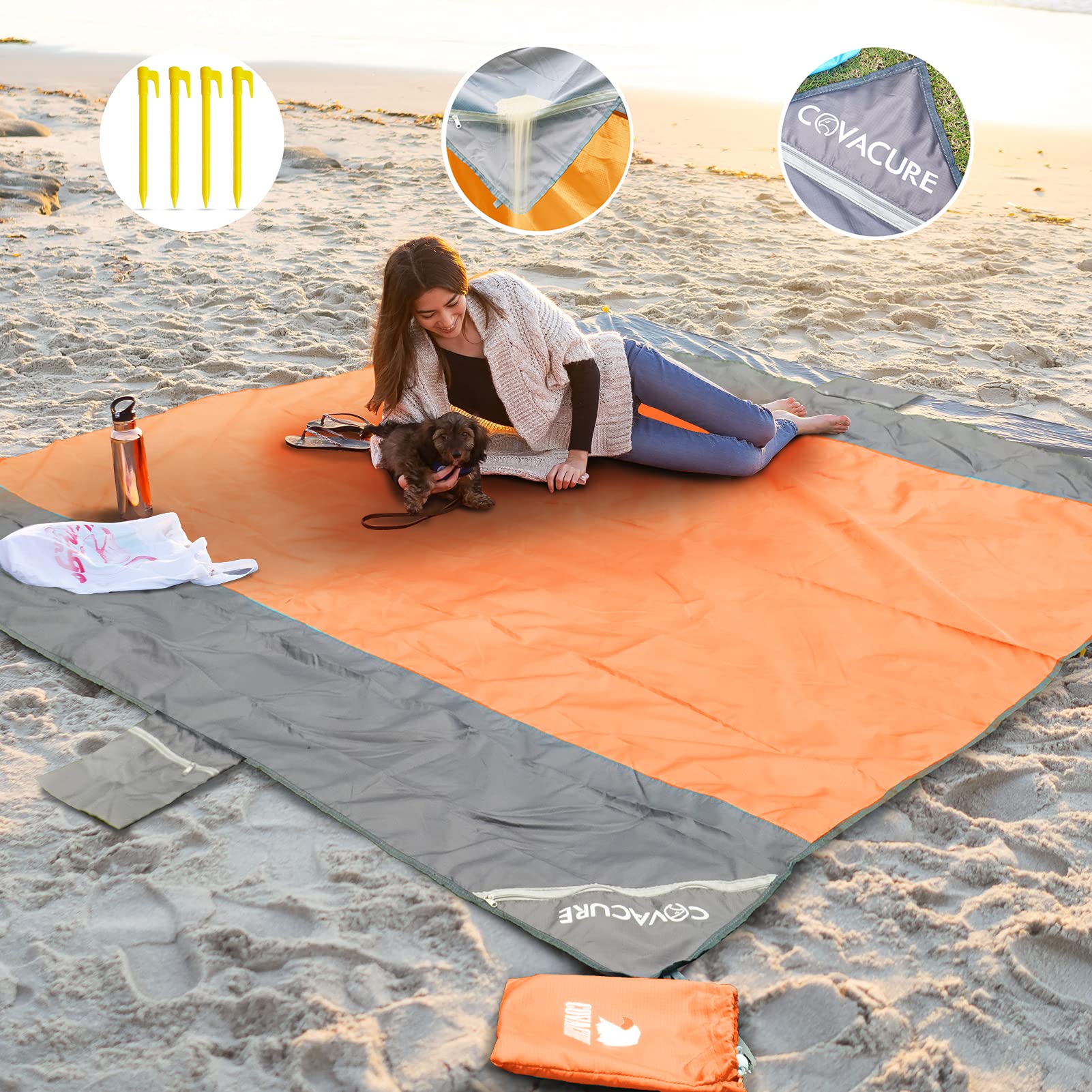 COVACURE Beach Blanket Mat with 3 Zipper Pockets, Extra Large 210 x 200cm Water Resistant Sand Proof Picnic Blanket for Camping, Hiking, Picnic (Orange)