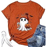 Women Fall Halloween Shirt Novelty Spooky Coffee Print Graphic Tees Pumpkin Thanksgiving Tops