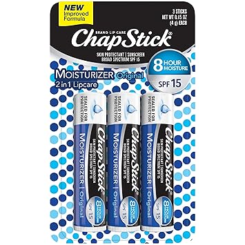 ChapStick Lip Moisturizer and Skin Protectant (Original Flavor, 1 Blister Pack of 3 Sticks) Lip Balm Tube, Sunscreen, SPF 12, 0.15 Ounce