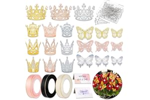 YOUlDIANZI 153Pcs Flower Bouquet Accessories & Crowns for Flower Bouquets, Including 12Pcs Cake Mini Crown Topper, 36Pcs Butterfly Decorations 10Blessing Card 100Pcs Flower Pins for Birthday Wedding