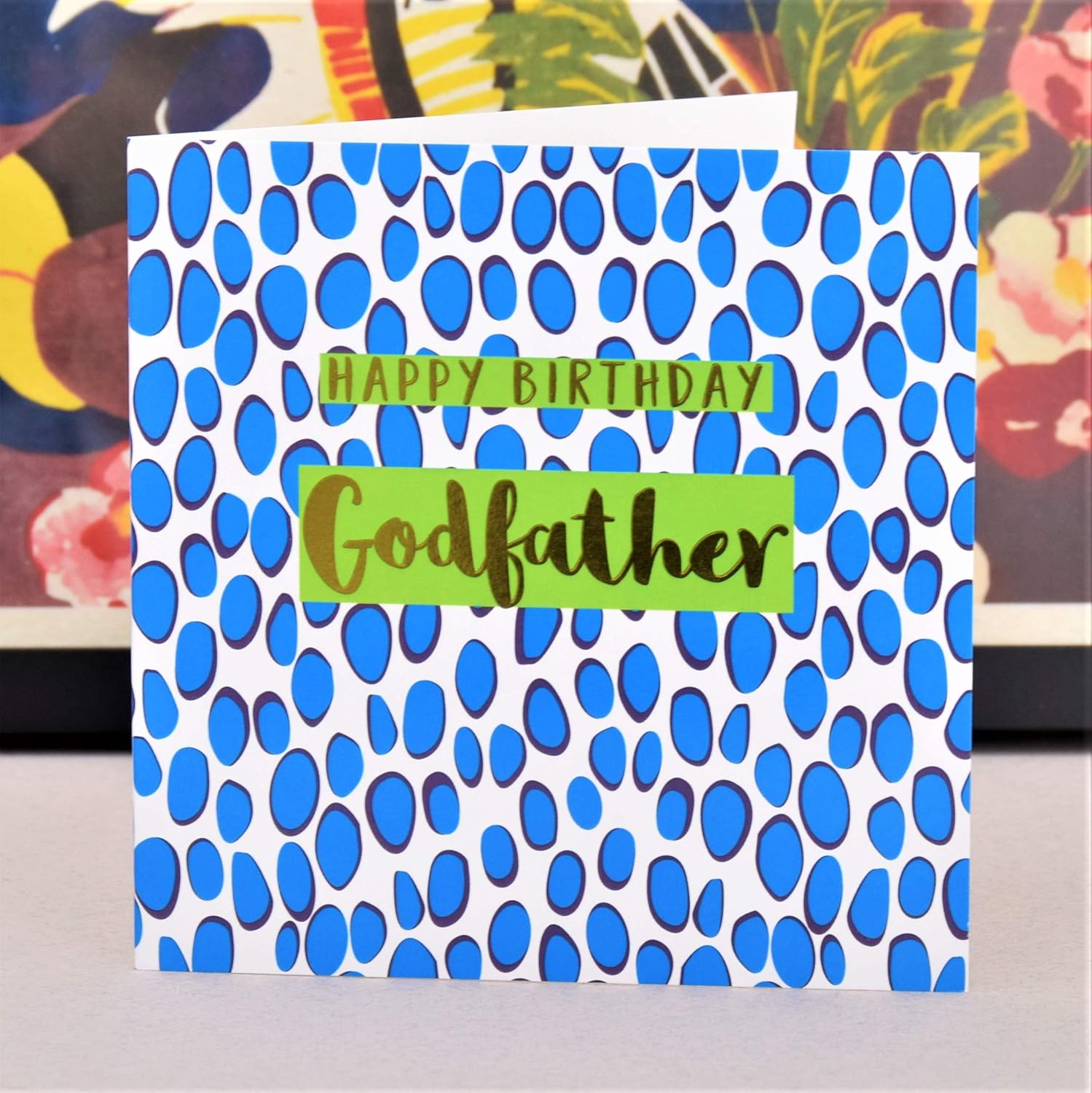 Claire Giles Greeting Cards, Happy Birthday Godfather Card, Blue Dots, Text Foiled in Shiny Gold - Image 5