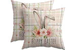 aportt Easter Bunny Floral Pillow Covers 18x18 Inch Spring Pink Buffalo Plaid Decorative Pillow Cases Rabbit Flower Throw Pil