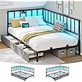 DICTAC Twin Size Corner Bed Frame with 2 Storage Drawers and Led Lights Metal Platform Bed Frame with Charging Station Modern Twin Daybed Frame for Living Room, Bedroom and Guest Room, Black&Gray