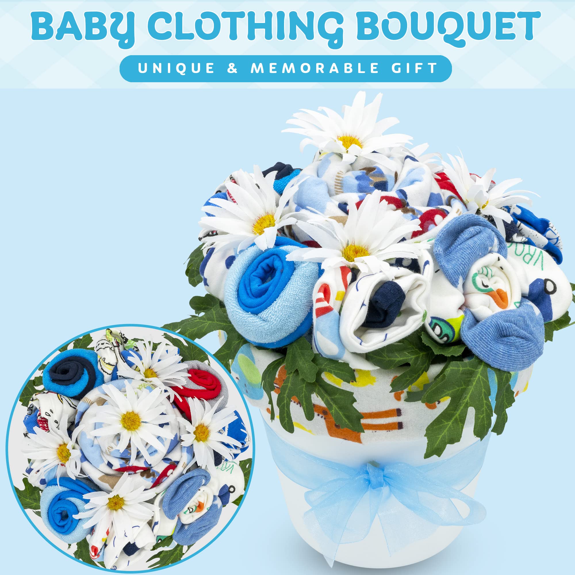 Deluxe Baby Blossom Clothing Bouquet | Newborn Baby Boy Gift Set | Unique Baby Gift Basket for Expecting Moms | New Baby Gift Basket | Blue Baby Gift Set | Baby Boy Outfits | Nikki's Gift Baskets