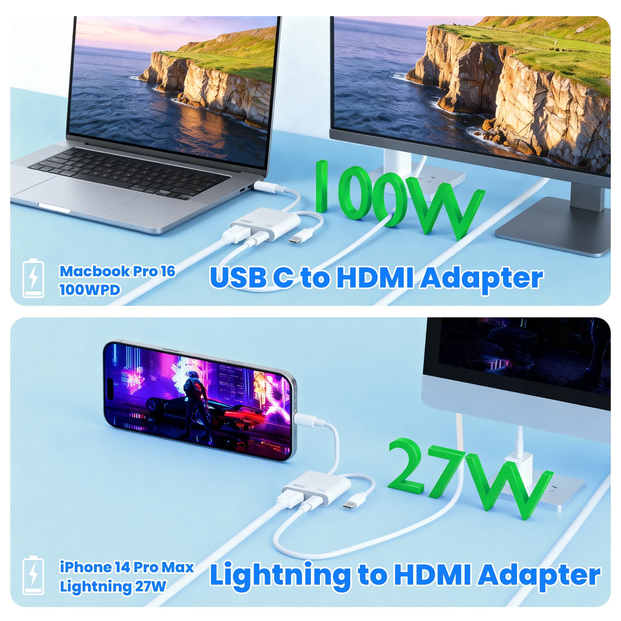 USB C und Lightning auf HDMI Adapter für iPhone, 4K@60Hz 100W USBC HDMI Adapter für iPhone 17/16/15/iPad MFi-zertifizierter HDMI Digital AV Adapter Lightning mit i Phone/iPad zu HDTV/Projektor/Monitor 4