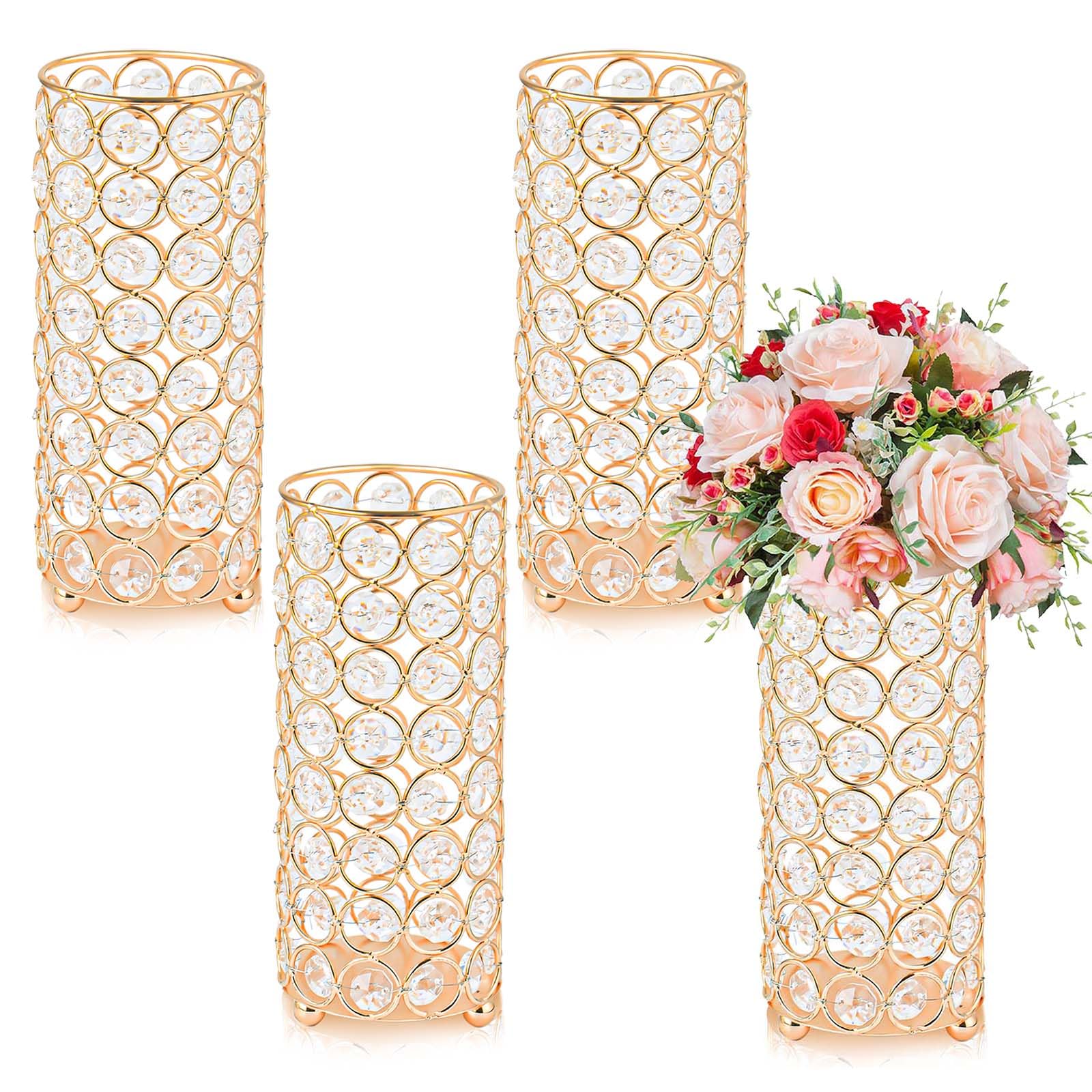 Photo 1 of Elegant Crystal Column Vase/Candle Holder, Cylinder Flower Display Tabletop Centerpiece for Weddings & Home Decor (4, Gold)