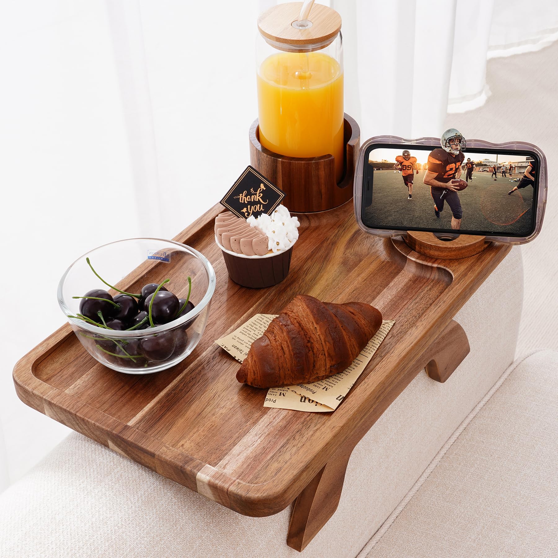 Nnewvante Couch Cup Holder Tray, 3 in 1 Large 39X25cm Acacia Wood Sofa Arm Clip on Tray Table with 360°Rotated Phone Drink Holder on Armrest
