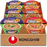 Nongshim Hot &amp; Spicy and Kimchi Bowls, Korean Instant Ramen Variety,6 Count | Microwaveable ramen bowl variety with spiced beef-brisket and fermented cabbage broth profiles