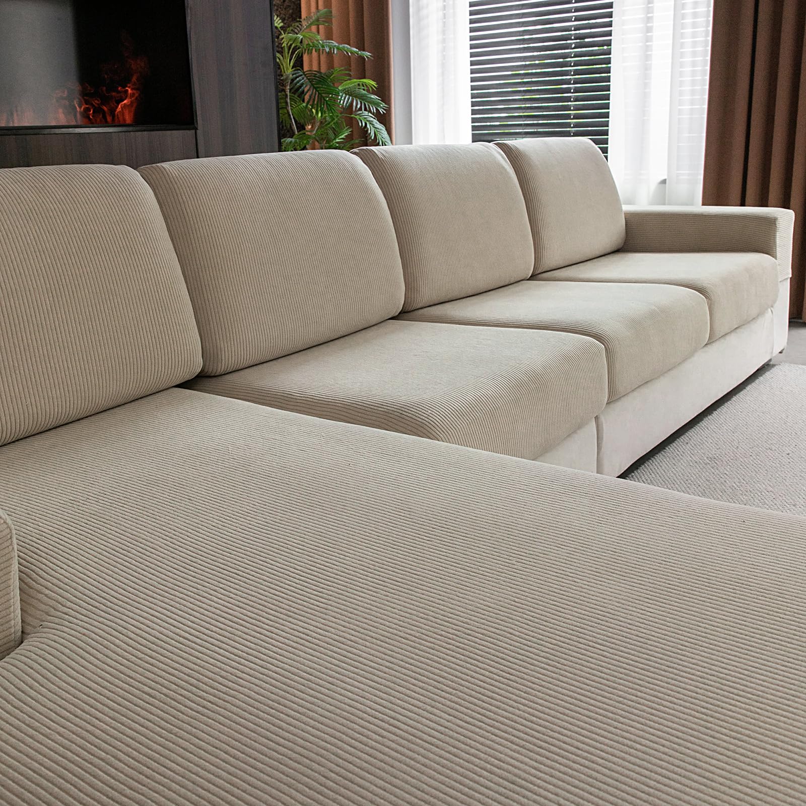 Photo 1 of OHSIO Sectional Couch Covers, Wear Resistant Stretch Sofa Covers Washable Soft Couch Cushion Covers Anti Slip Furniture Protector Sofa Slipcovers for Pets(1 Piece Chaise Cover, Light Brown)