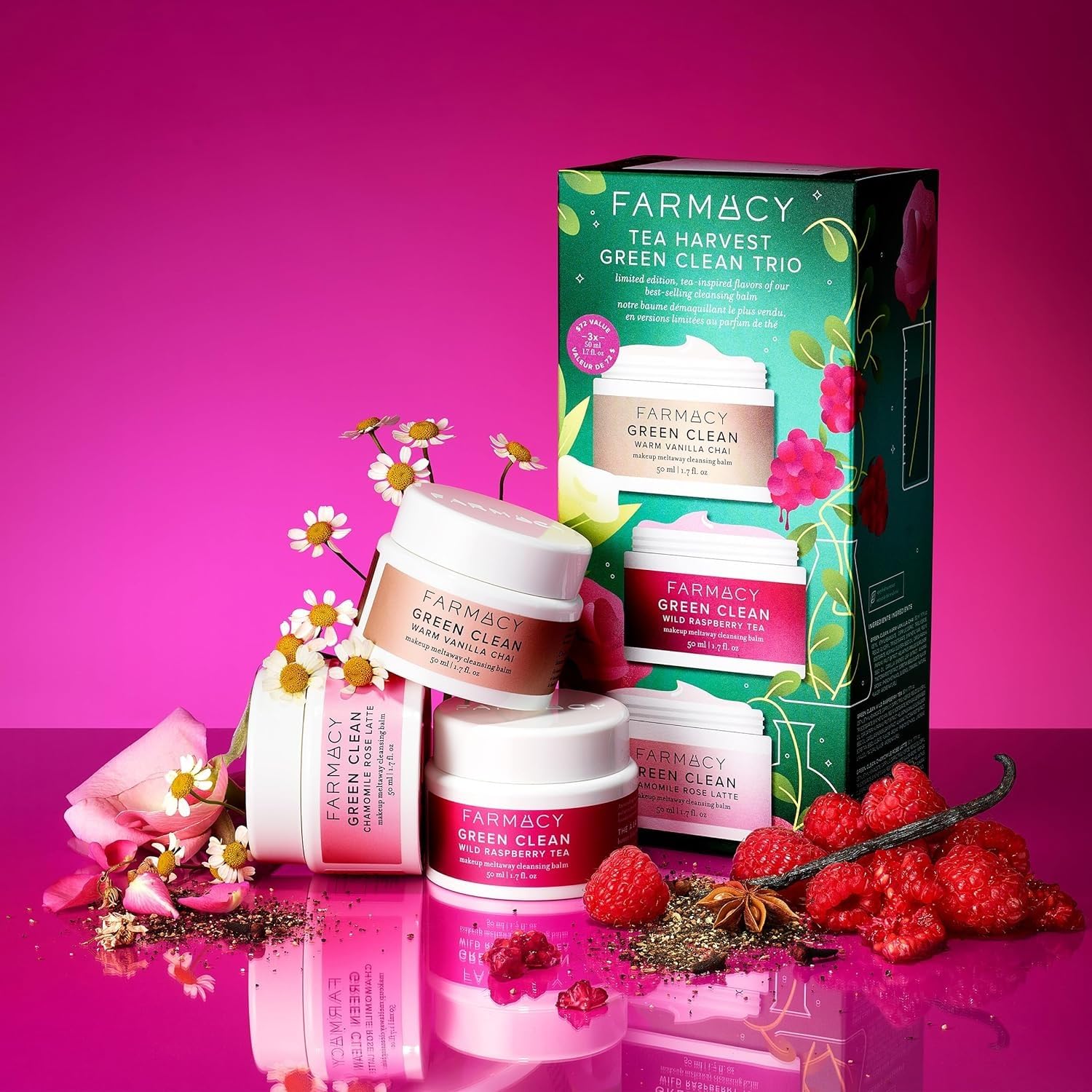 Farmacy Cleansing Balm Skin Care Set - Tea Harvest Travel Size Makeup Remover - Limited Edition Skincare Set Includes Warm Vanilla Chai, Wild Raspberry Tea + Chamomile Rose Latte (3 Count)