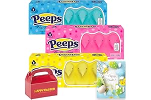 MUCHAI INNOVATIONS Peeps Marshmallow Easter Candy | Gluten-Free & Fat-Free - 3 Colors Yellow Red & Blue Chicks | | For Egg Hunt Deco Basket Stuffer Party Favor Treat Gift | Happy Easter Card & Box Included