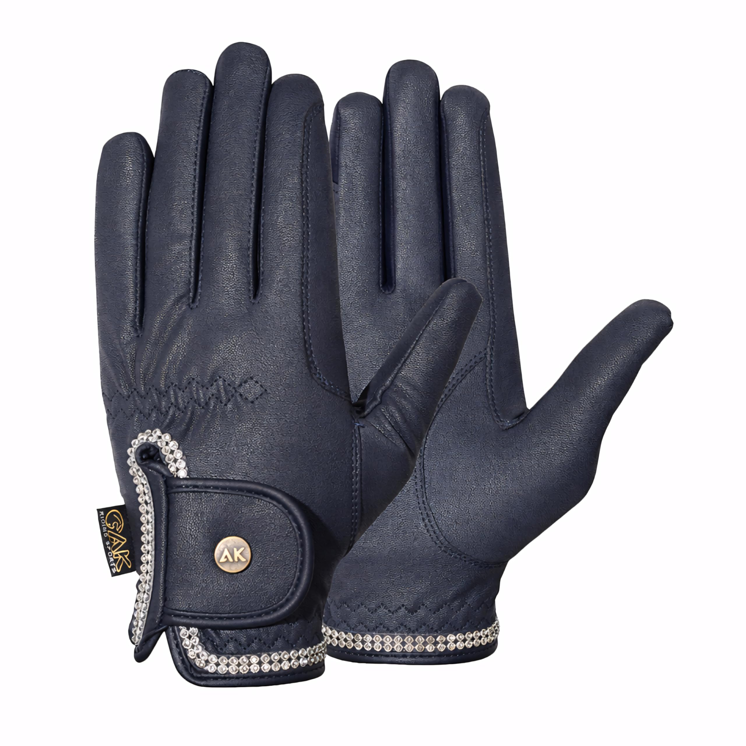 AK Horse Riding Gloves for Competition & Dressing with Crystal Diamante (Navy, L)