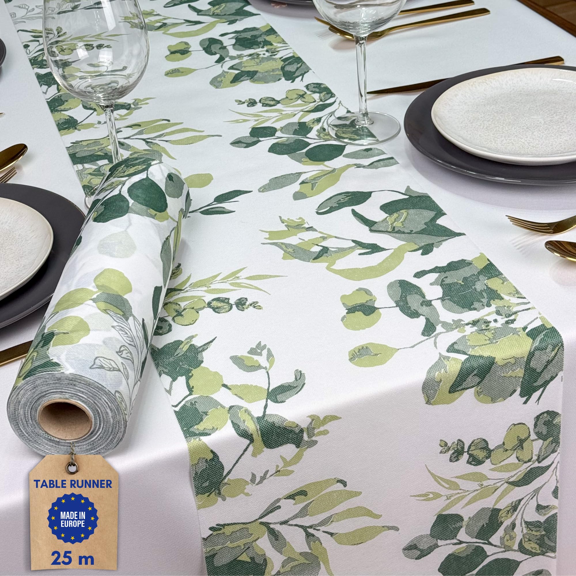 NATUARTE, Table Runner Green Eucalyptus, Non woven fabric of 25M x 30CM, Table Decoration, Wedding Decoration Fabric Baptisms Communions Birthdays, Crafts Fabric, Table Skirt, Eucalyptus Color — image 1